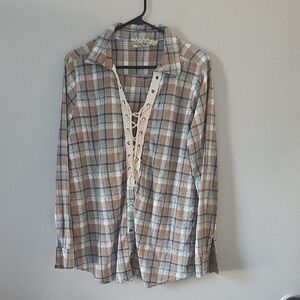 BKE Womens Beige and Blue Plaid Lace-Up Shirt Sz L